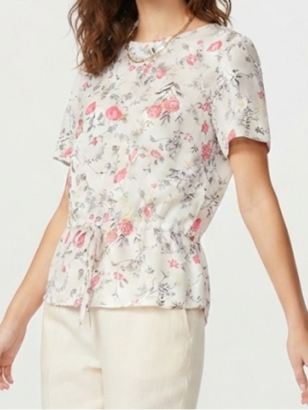 Liz Claiborne Cream Floral Short-Sleeve Drawstring Top with Pink Accents Medium